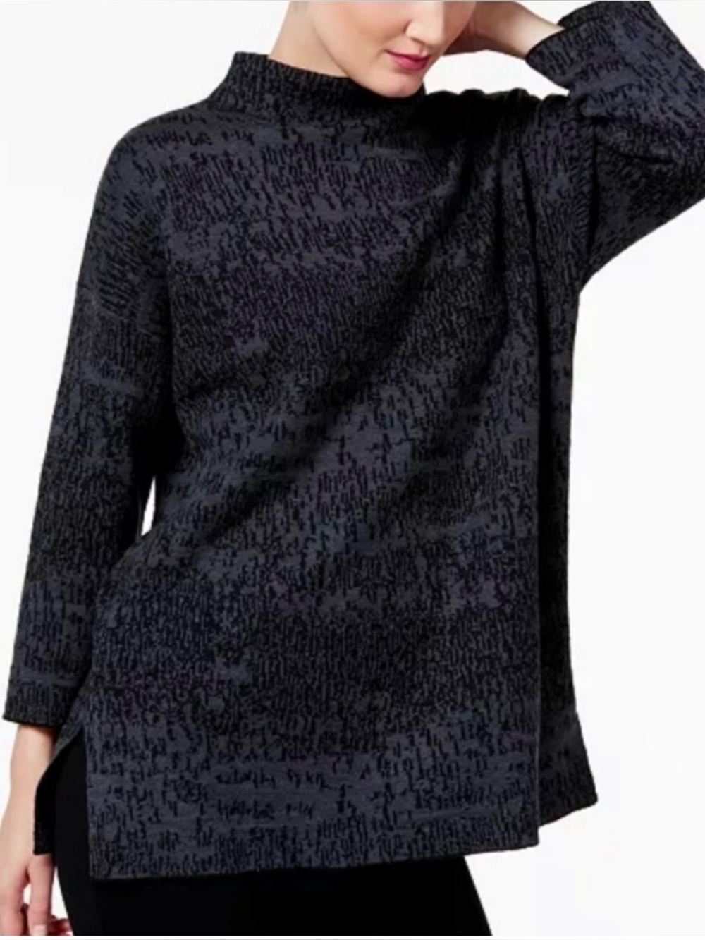 Eileen Fisher Textured Mock Neck Sweater Tunic Charcoal Approximating 1X Linen